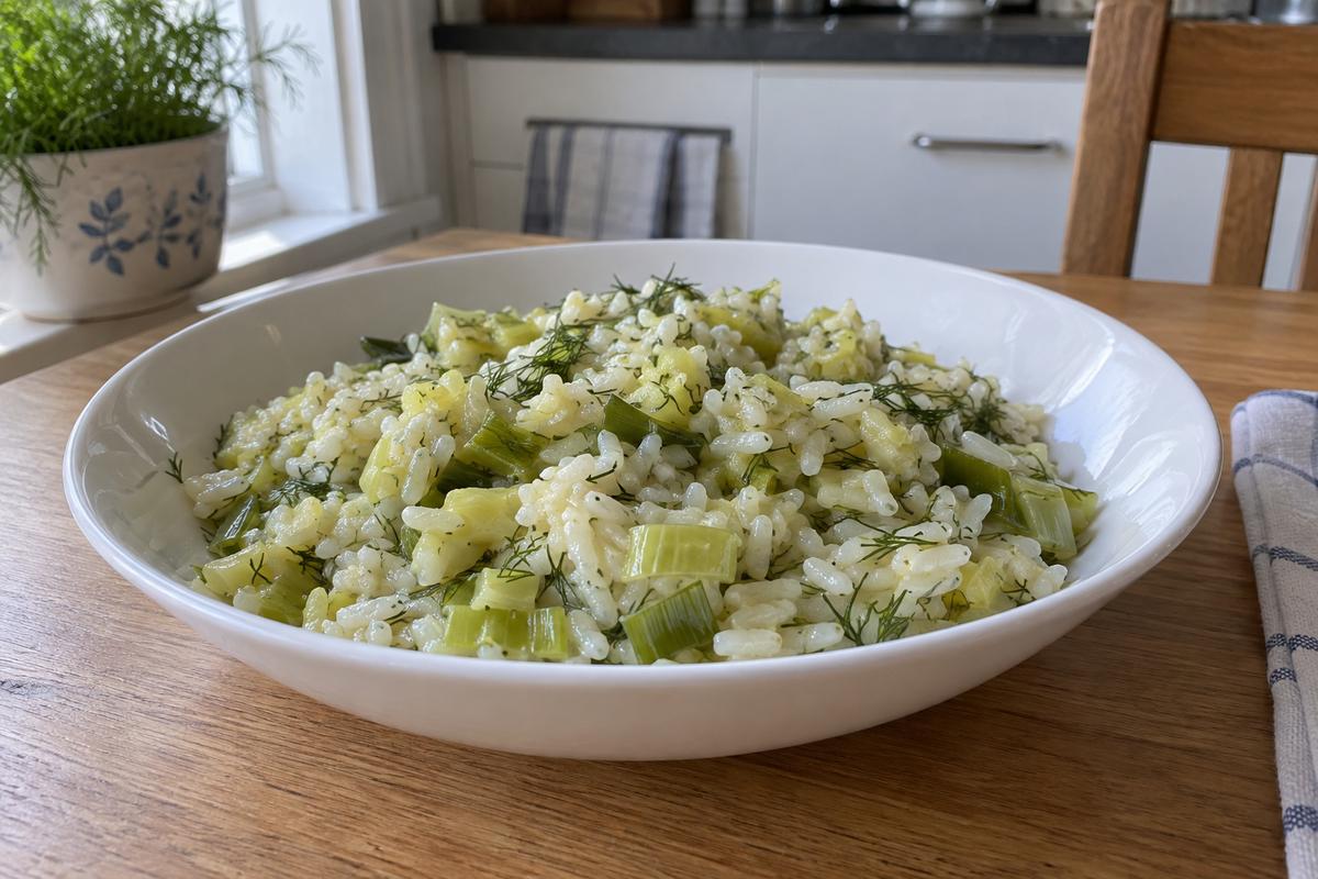 Prasorizo med porrer, citron og dild