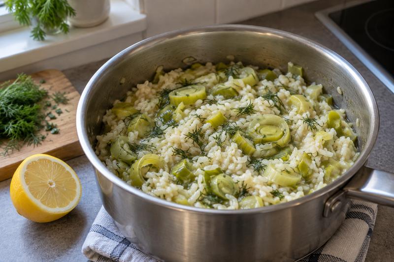 Kog forsigtigt og afslut med citron – Prasorizo med porrer, citron og dild