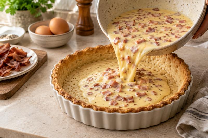 Fyld tærten og bag færdig – Quiche Lorraine med bacon og fløde