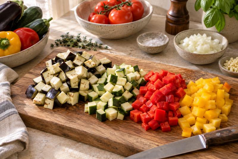 Skær grøntsagerne i grove tern – Ratatouille med aubergine og squash