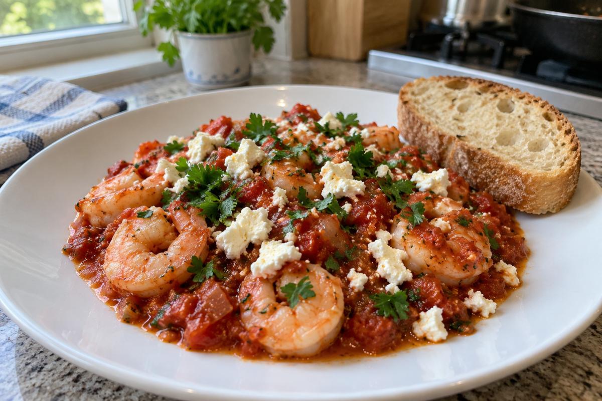 Rejer saganaki med tomat og feta