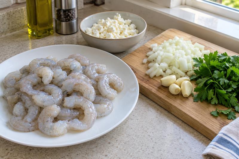 Klargør rejerne og grøntsagerne – Rejer saganaki med tomat og feta