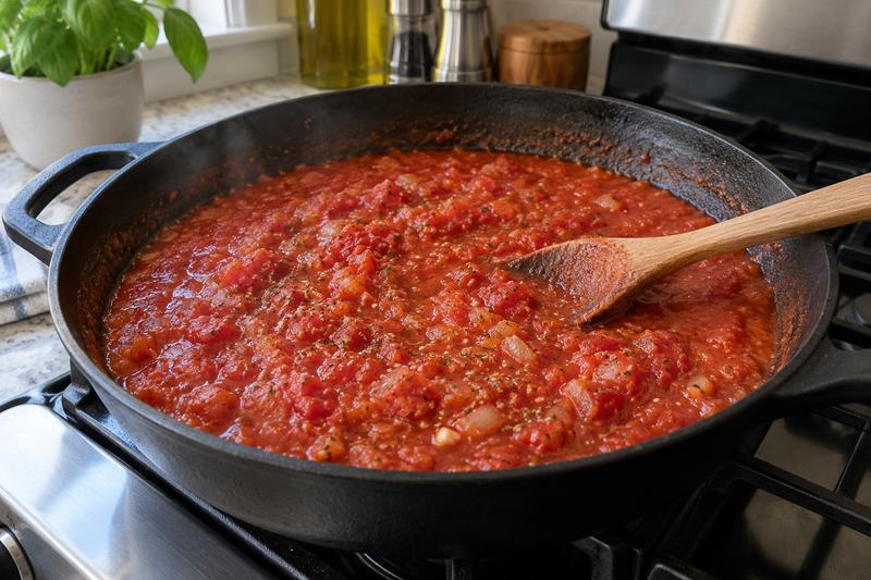 Kog en fyldig tomatsauce – Rejer saganaki med tomat og feta