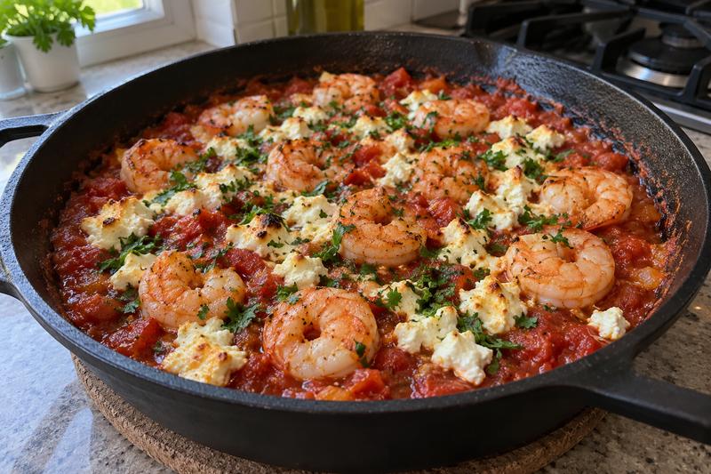 Bag rejerne med feta – Rejer saganaki med tomat og feta