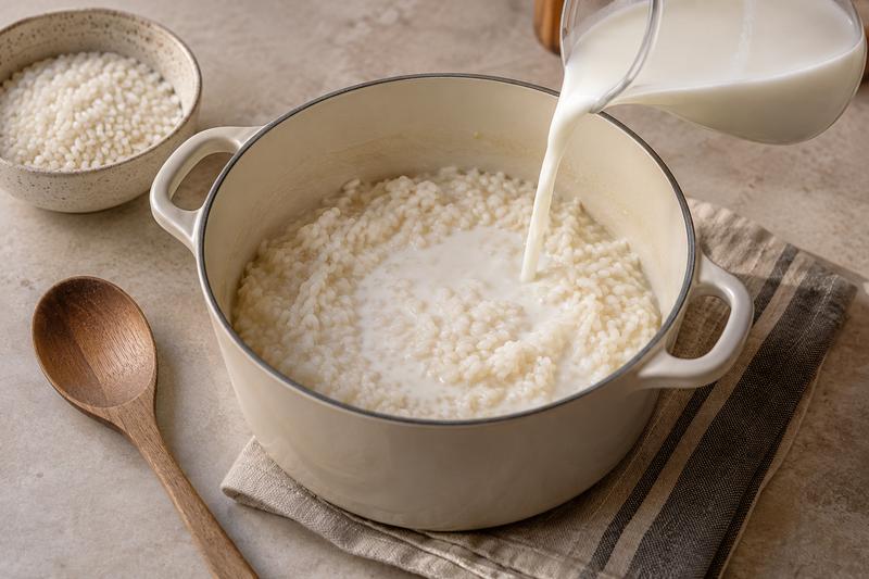 Tilsæt mælken og skru ned – Risengrød med kanelsukker og smør