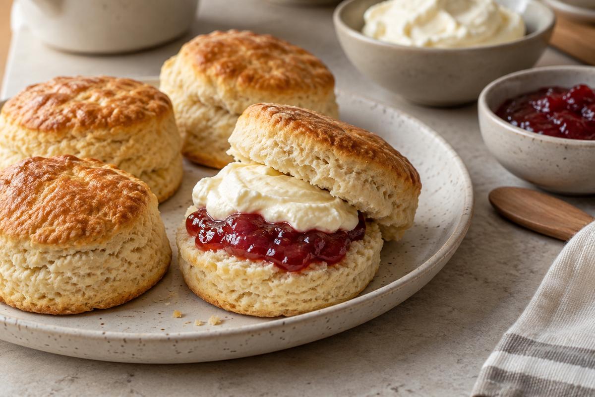 Scones med jordbærsyltetøj og flødeskum