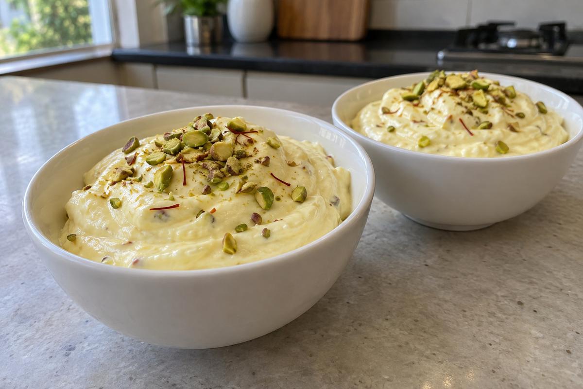 Shrikhand med safran og pistacie