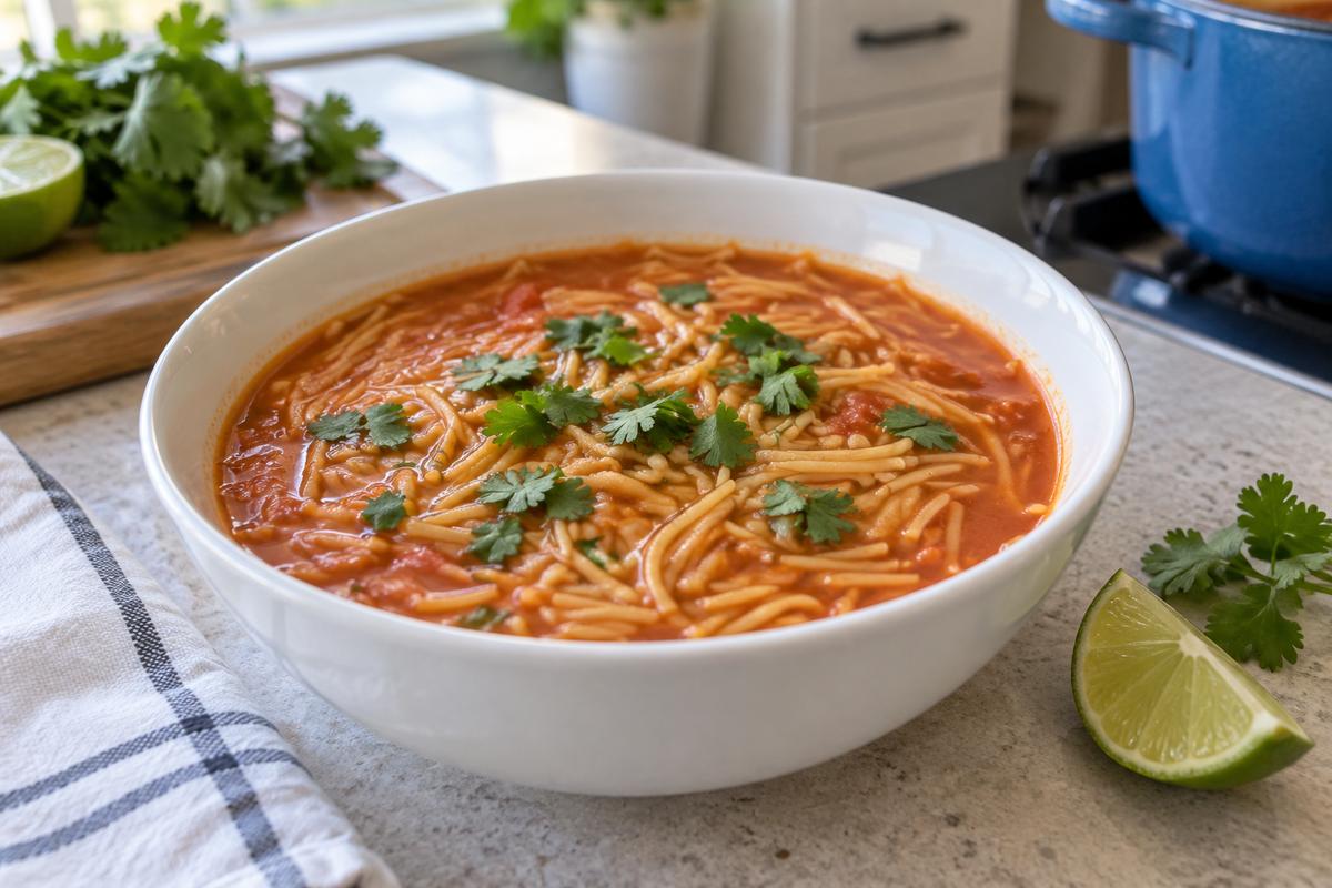 Sopa de fideo med tomat og lime