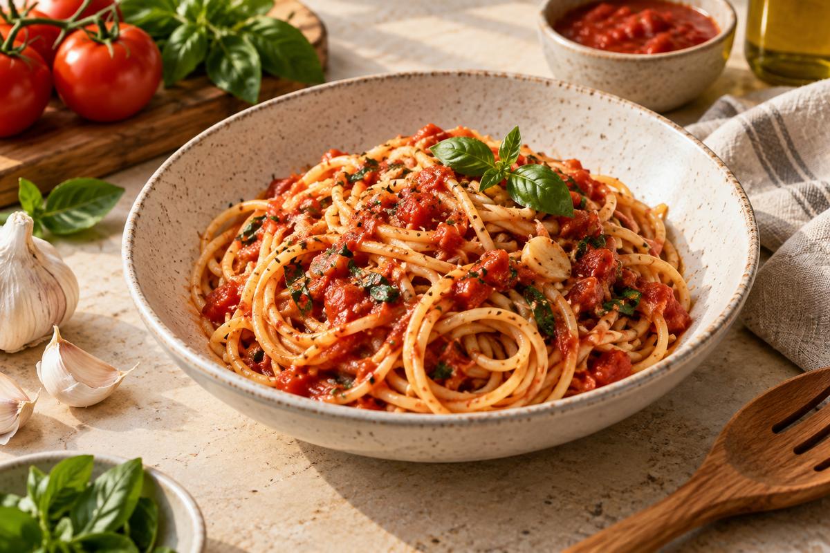 Spaghetti pomodoro med basilikum