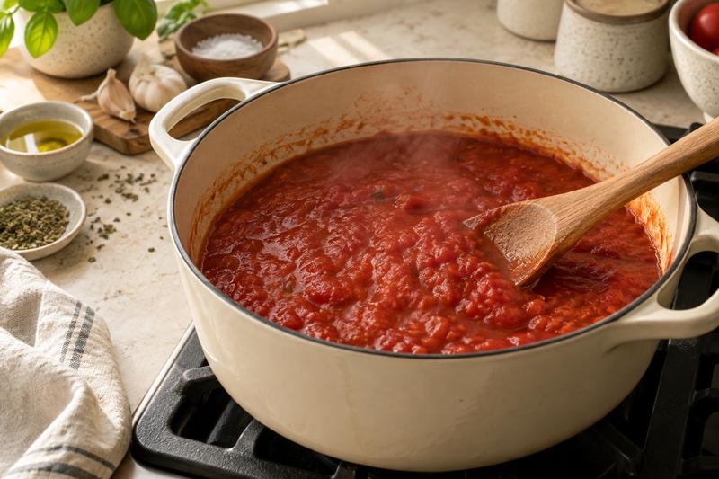 Kog tomatsaucen ind – Spaghetti pomodoro med basilikum