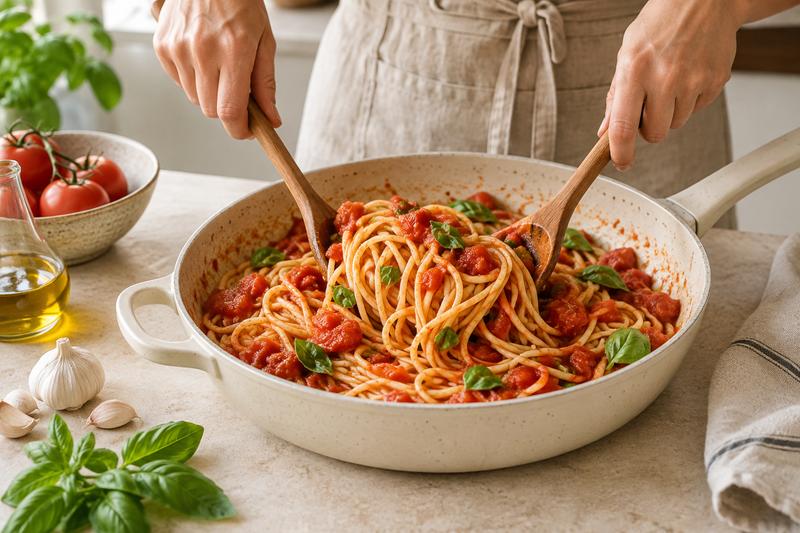 Vend pasta og sauce sammen – Spaghetti pomodoro med basilikum