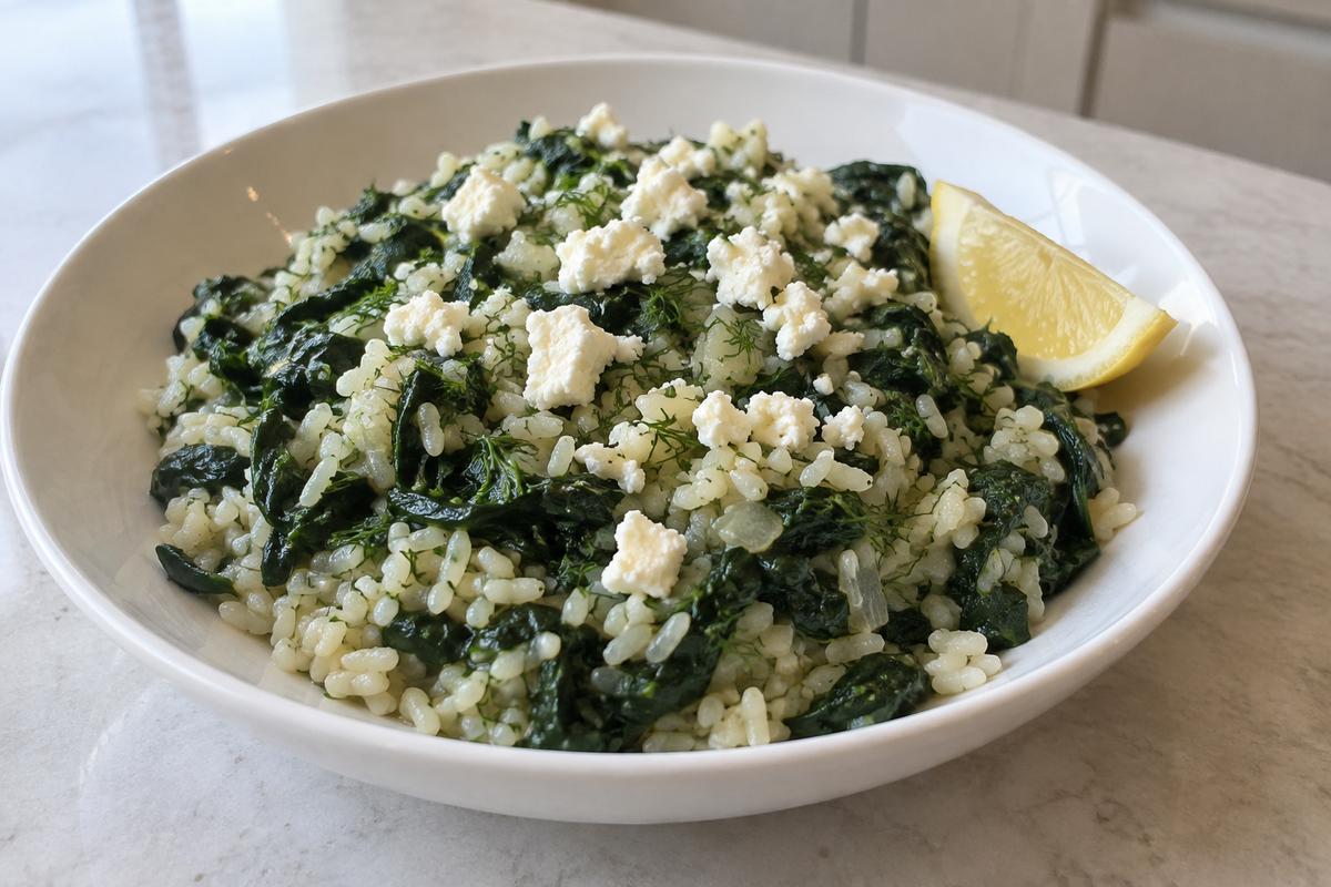 Spanakorizo med spinat, citron og feta