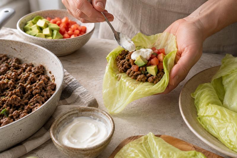Fyld bladene lige før spisetid – Spidskålswraps med krydret oksekød og avocado