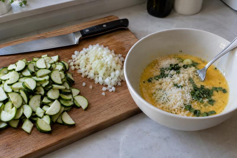 Snit squashen og rør æggene sammen – Squashfrittata med basilikum og ost