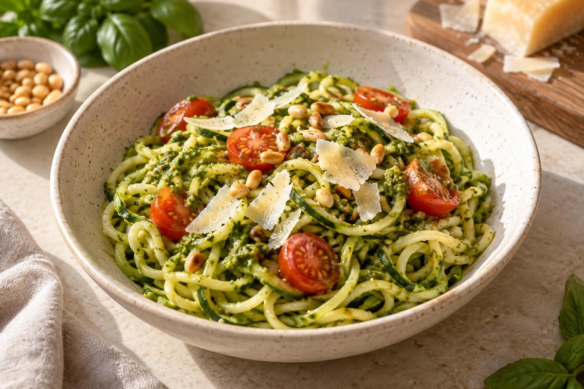 Squashnudler med basilikumpesto og tomater