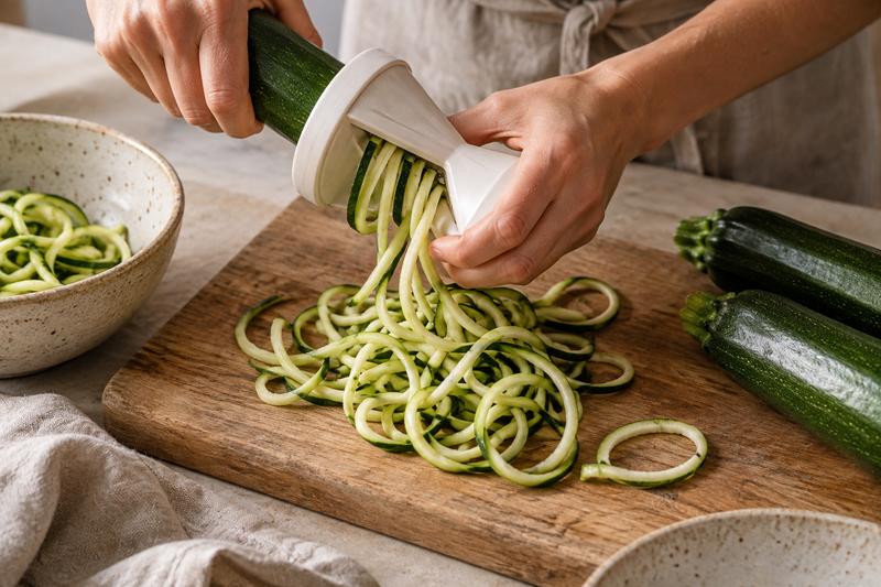 Lav lange strimler af squash – Squashnudler med basilikumpesto og tomater