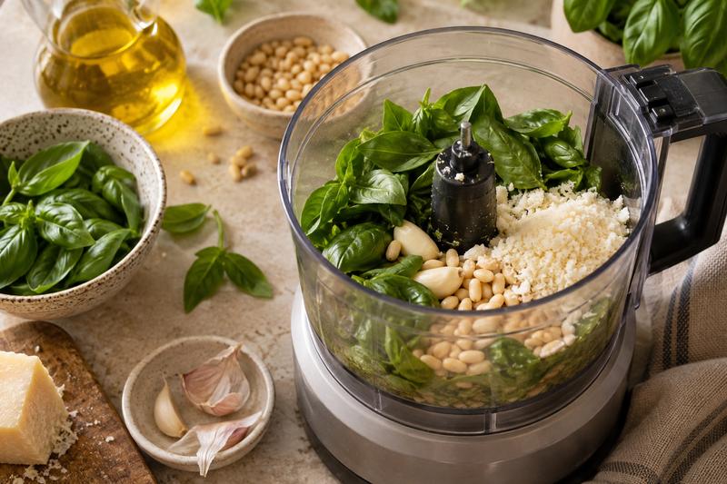 Blend en grov basilikumpesto – Squashnudler med basilikumpesto og tomater