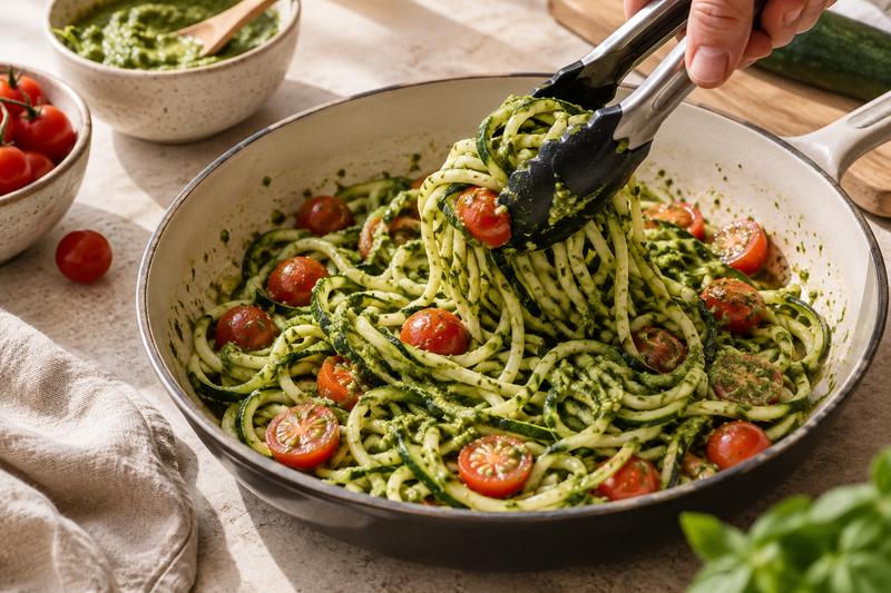 Varm nudlerne ganske kort – Squashnudler med basilikumpesto og tomater