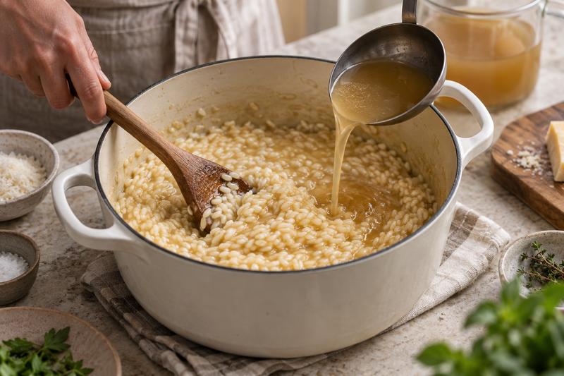 Tilsæt bouillon lidt ad gangen – Svamperisotto med parmesan