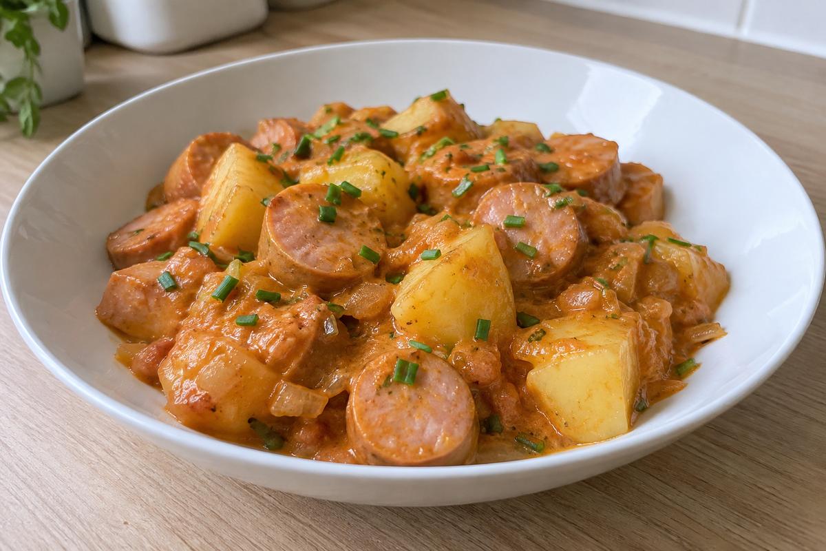 Svensk pølseret med kartofler og paprika