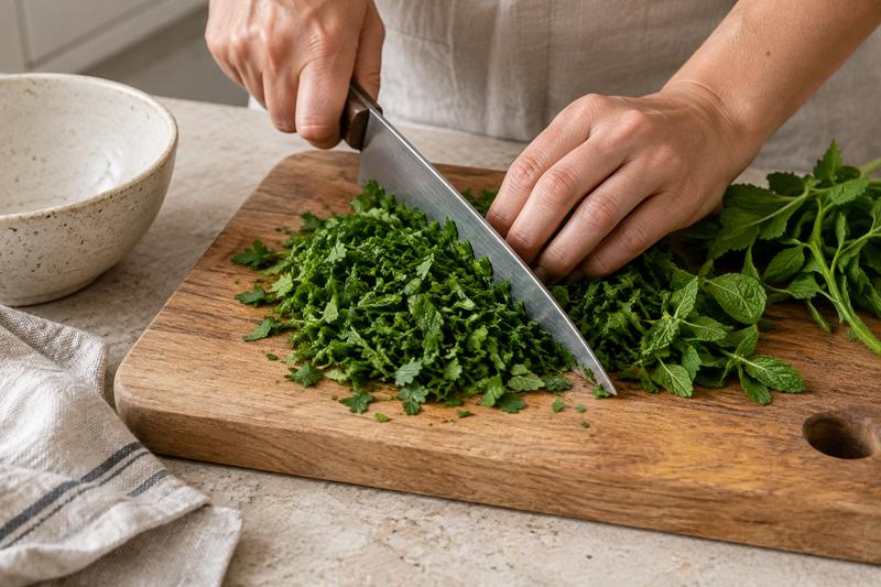Vask og hak de grønne blade – Tabbouleh med persille, mynte og fin bulgur