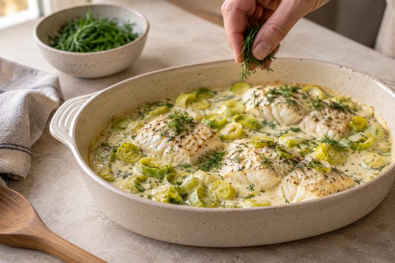 Bag til fisken deler sig i flager – Torsk med porrer i mild flødesauce