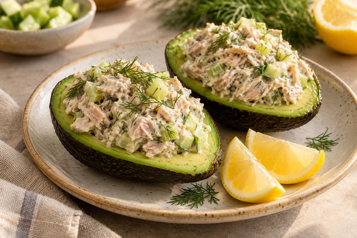 Tunfyldte avocadoer med agurk og dild