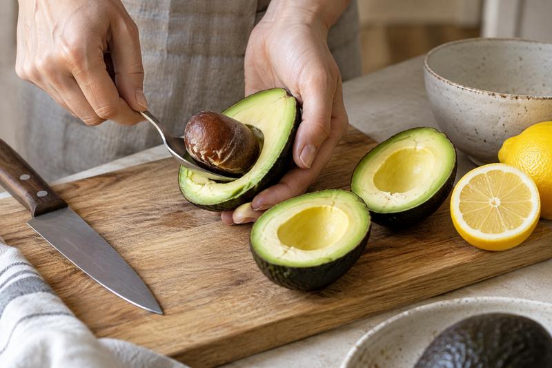 Halvér avocadoerne og dryp med citron – Tunfyldte avocadoer med agurk og dild