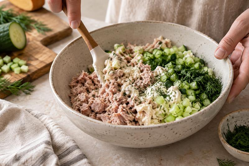 Rør en tunsalat med små sprøde tern – Tunfyldte avocadoer med agurk og dild