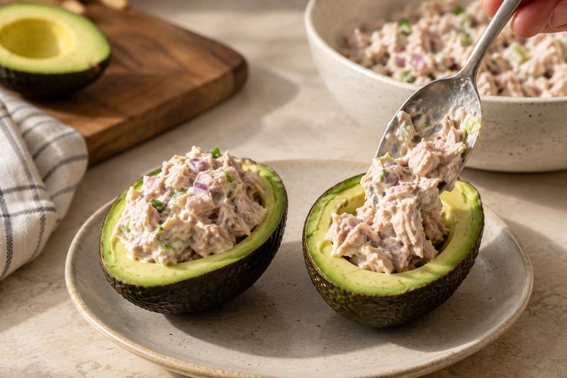 Fyld avocadoerne ved servering – Tunfyldte avocadoer med agurk og dild