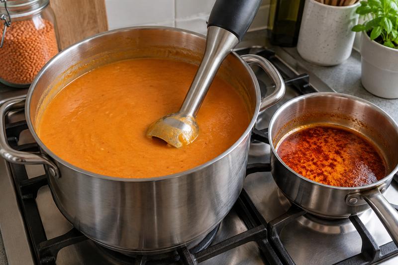 Blend og servér med paprikasmør – Tyrkisk linsesuppe med citron og paprikasmør